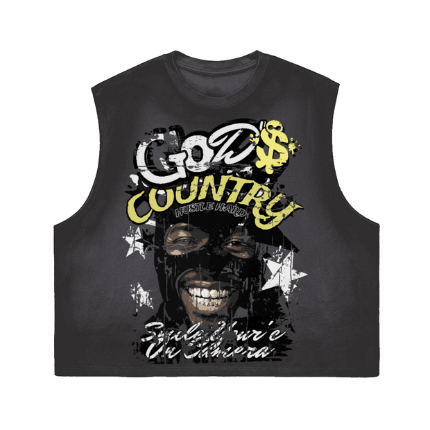 "God's Country" Unisex Cropped Boxy Tank – Washed Gradient 230 GSM Cotton, Fade Muscle Tank, Minimalist Streetwear