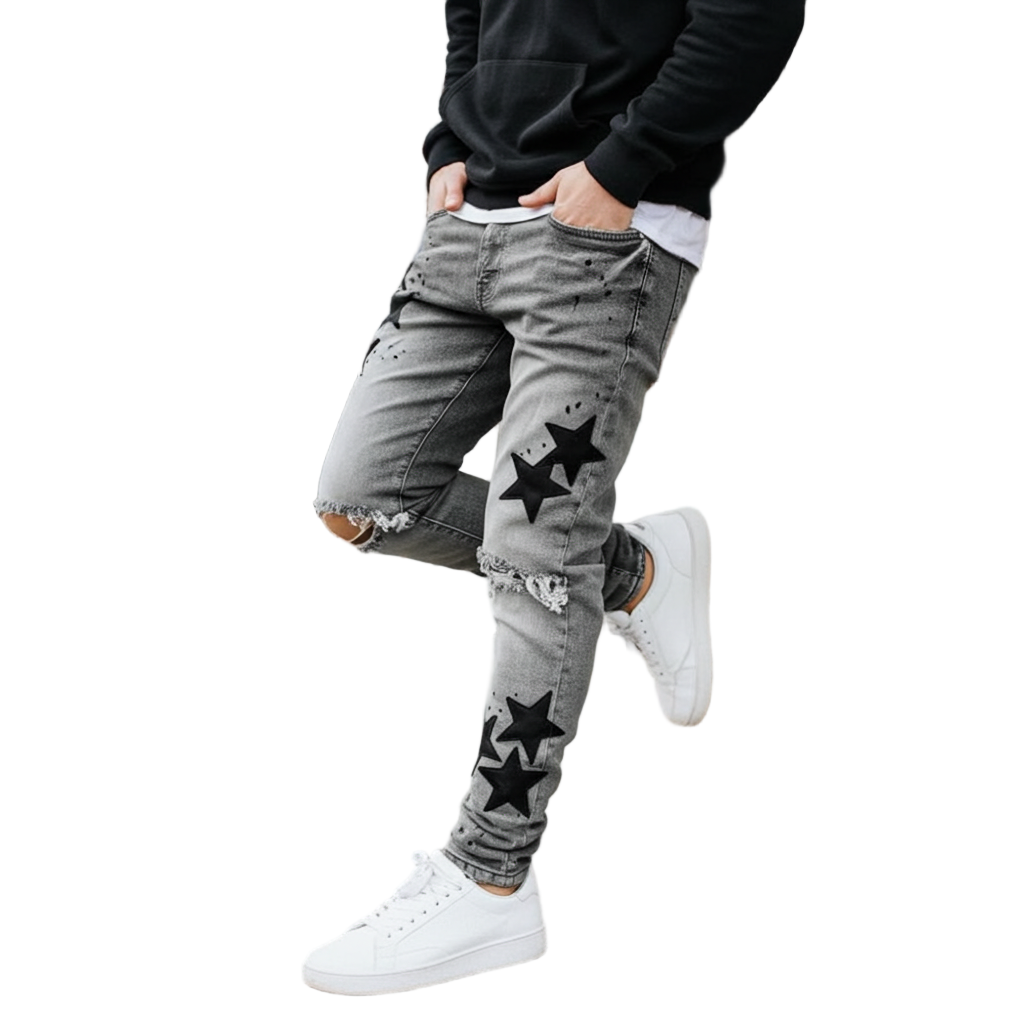 Men's "Stars" Slim-fit Stretch Jeans - Stars Embroidered Slim-fit Jeans, Stretch Denim Jeans, Mid Waist Streetwear Jeans, Slim-fit Jeans