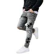 Men's "Stars" Slim-fit Stretch Jeans - Stars Embroidered Slim-fit Jeans, Stretch Denim Jeans, Mid Waist Streetwear Jeans, Slim-fit Jeans