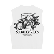 White sleeveless shirt with black graphic design and 'Summer Vibes' text on a white background