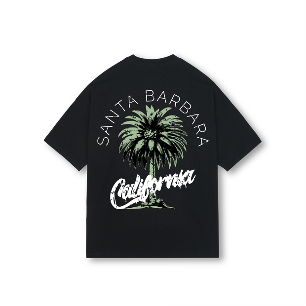 Black t-shirt with palm tree and 'Santa Barbara California' text on a white background