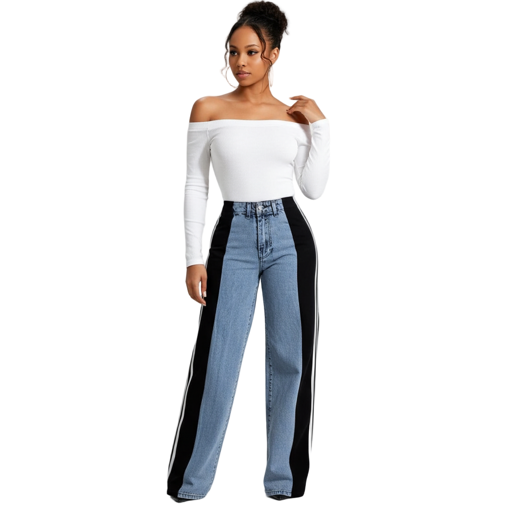 Palazzo Loose Fit Wide Leg Jeans – Retro Streetwear High Waist Stripe Contrast Wide-leg Denim Jeans for Women