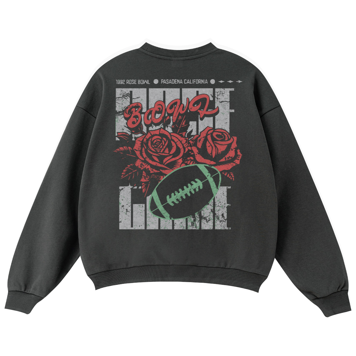 Black sweatshirt with red roses and football graphic on a white background