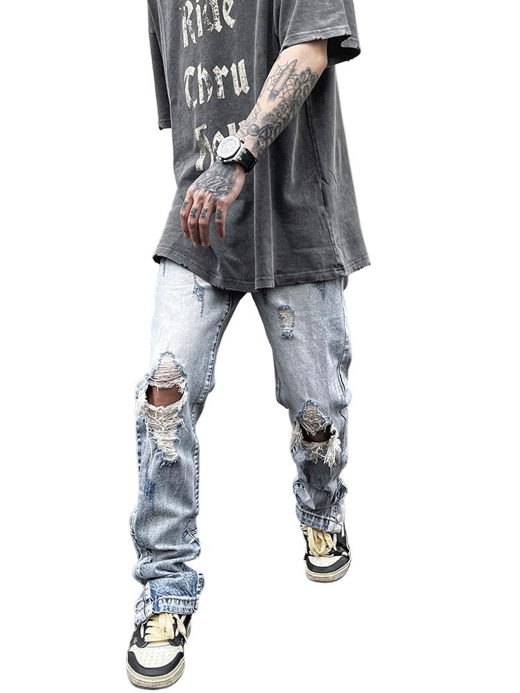 Bleach Fade Snap-Slit Ripped Jeans – Light Blue Streetwear Denim, Distressed Skinny Fit, GOAT Urban Streetwear Fashion Jeans