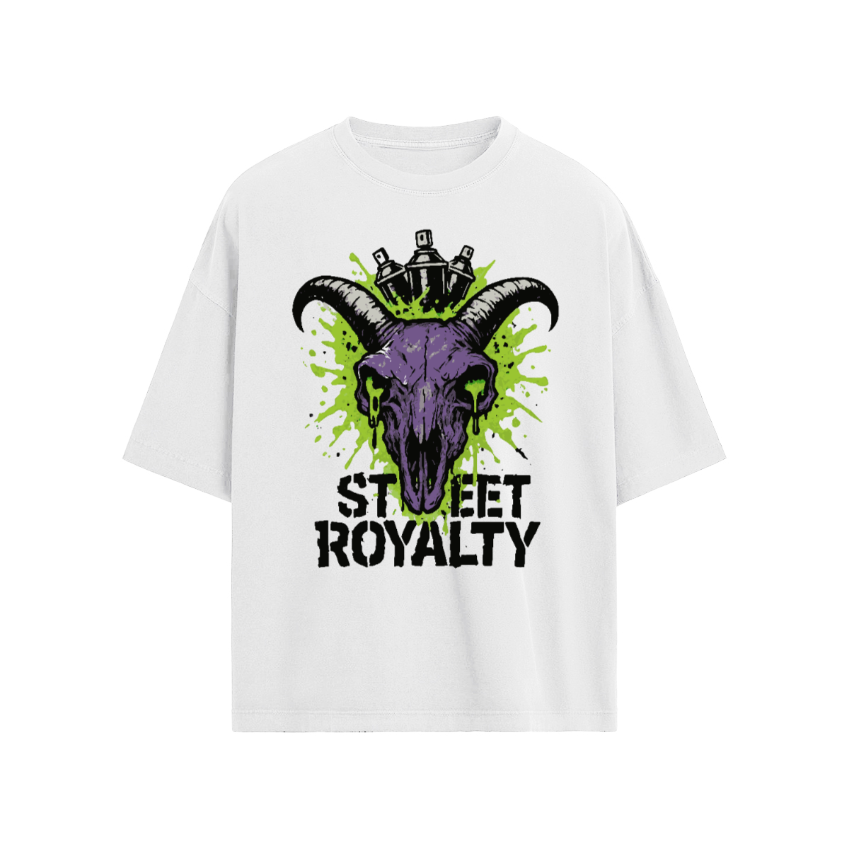 "Street Royalty" Loose Fit T-shirt, Graffiti Goat Skull Tee, Spray Paint Crown Shirt, Streetwear Loose Fit Tee, Neon Splatter Graphic Shirt