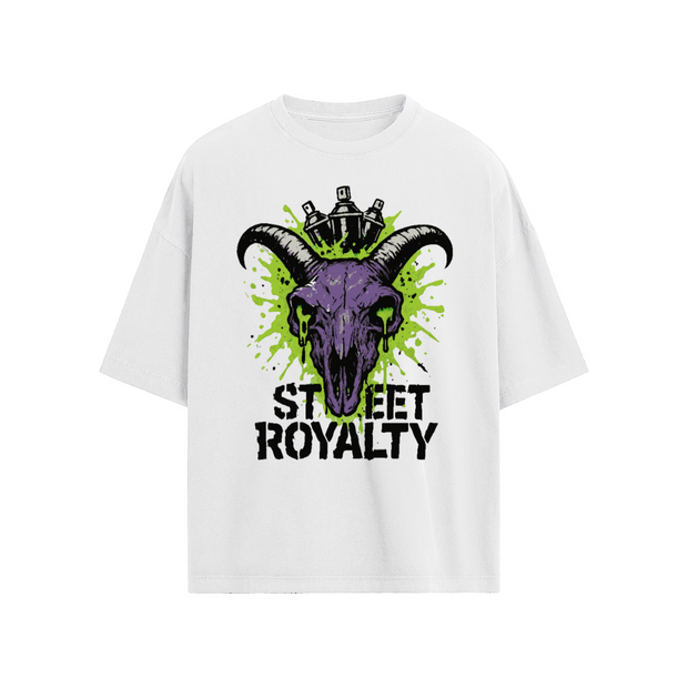 "Street Royalty" Loose Fit T-shirt, Graffiti Goat Skull Tee, Spray Paint Crown Shirt, Streetwear Loose Fit Tee, Neon Splatter Graphic Shirt