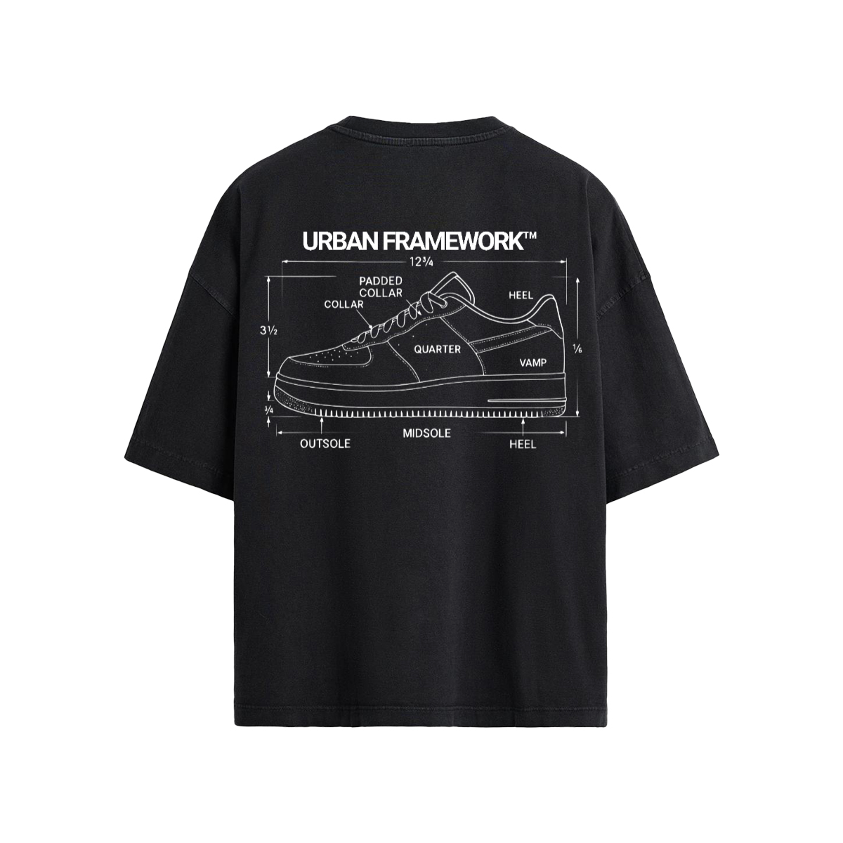 "URBAN FRAMEWORK™" Loose Fit T-shirt, Streetwear Loose Fit Tee, Technical Shoe Diagram Shirt, 190GSM Heavyweight Cotton Tee, Black Graphic Sneaker Shirt
