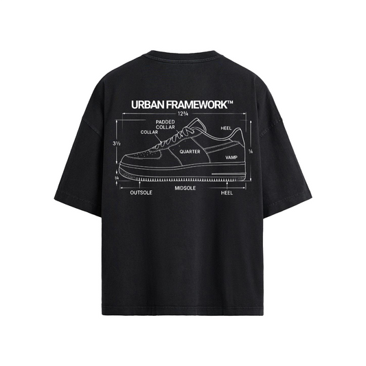 URBAN FRAMEWORK™ Loose Fit T-shirt, 190GSM Heavyweight Cotton Tee, Streetwear Sneaker Diagram Shirt, Black Technical Graphic Shirt