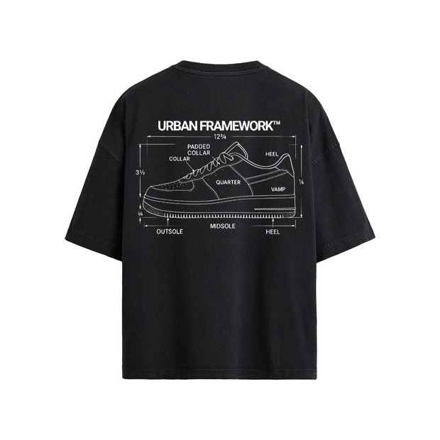 URBAN FRAMEWORK™ Loose Fit T-shirt, 190GSM Heavyweight Cotton Tee, Streetwear Sneaker Diagram Shirt, Black Technical Graphic Shirt