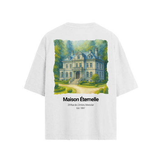 Maison Eternelle Loose Fit T-shirt, Watercolor Chateau Graphic Tee, Elegant Vintage Streetwear Shirt, Soft 190GSM Cotton Oversized Tee