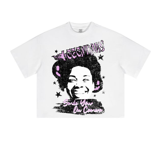 "Smile" Short-Sleeved Oversized Cropped T-Shirt, Streetwear Grunge Shirt, Heavyweight Cotton T-Shirt, 230GSM Short Sleeve Tee