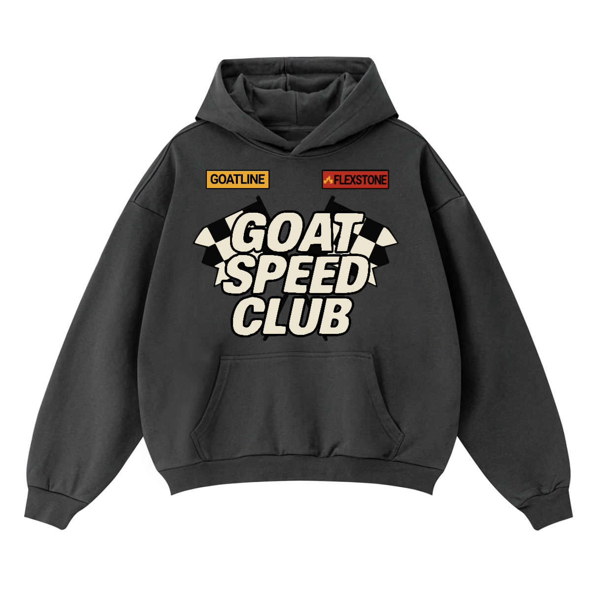 GOAT Speed Boxy Fit Hoodie, Oversized 400GSM Heavyweight Streetwear Pullover, Unisex Racing Graphic Cotton Sweatshirt
