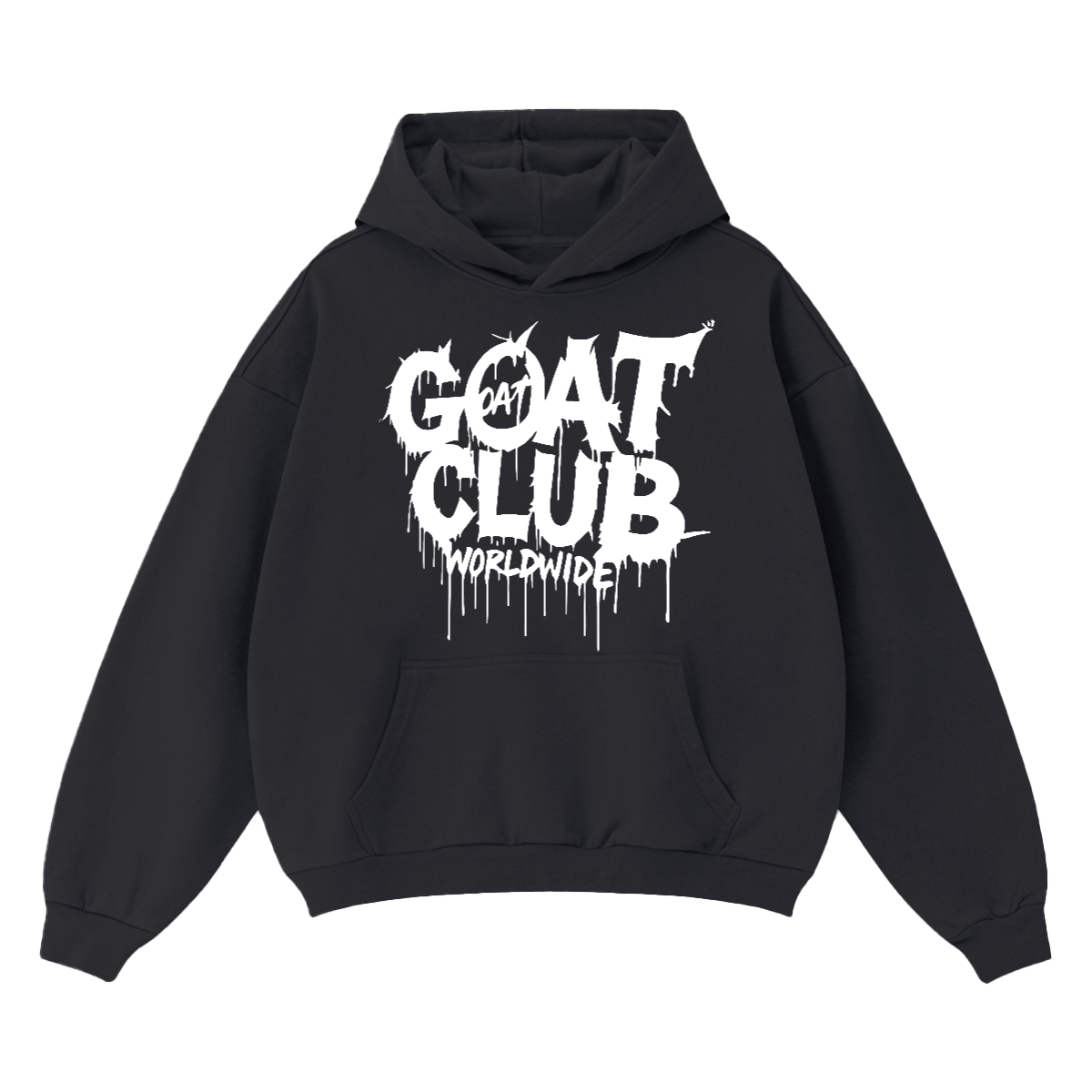 "GOAT Club Drip" Drop Shoulder Heavyweight Oversized Hoodie, Oversized Graffiti GOAT Streetwear Hoodie, Heavyweight 460GSM Drop Shoulder Unisex Pullover, Drippy Bold Graphic Sweatshirt