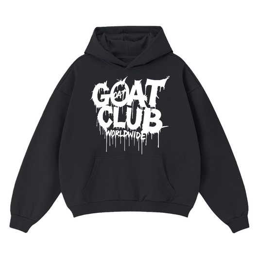 GOAT Club Drip Oversized Hoodie, Graffiti Streetwear Heavyweight 460GSM Drop Shoulder Pullover, Bold Graphic Sweatshirt