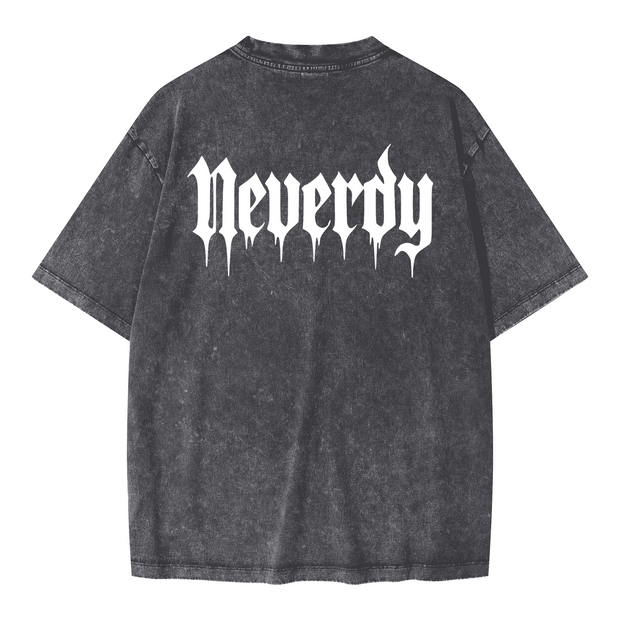 Neverdy Ribs Oversized Snow Wash T-Shirt – Vintage Distressed Skeleton Graphic Tee, Heavyweight Streetwear
