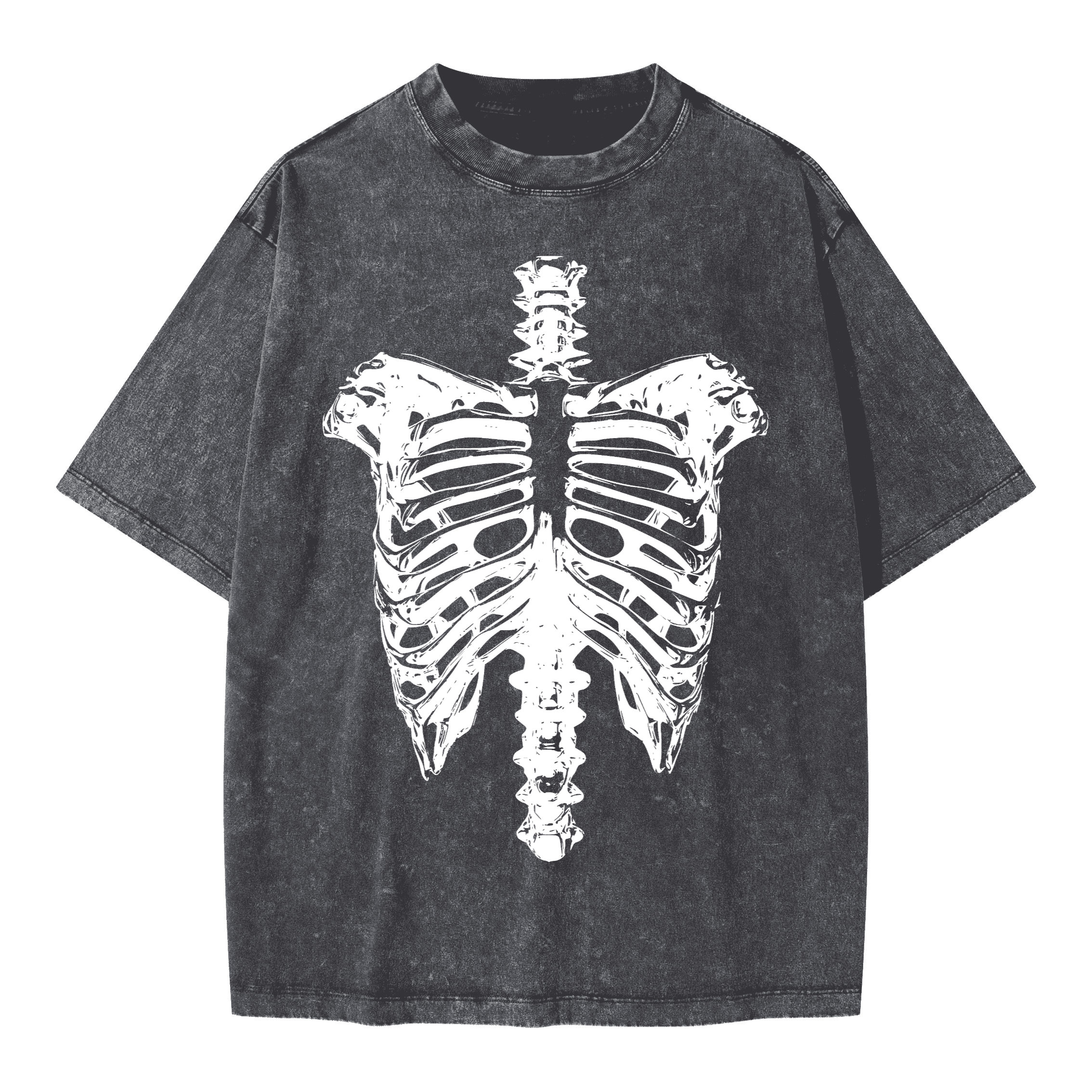 Neverdy Ribs Oversized Snow Wash T-Shirt – Vintage Distressed Skeleton Graphic Tee, Heavyweight Streetwear