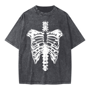 Neverdy Ribs Oversized Snow Wash T-Shirt – Vintage Distressed Skeleton Graphic Tee, Heavyweight Streetwear