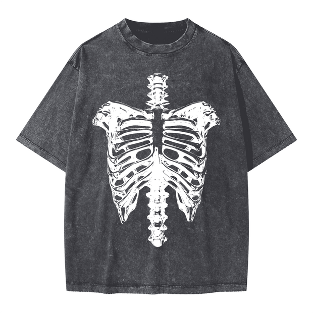 Neverdy Ribs Oversized Snow Wash T-Shirt – Vintage Distressed Skeleton Graphic Tee, Heavyweight Streetwear