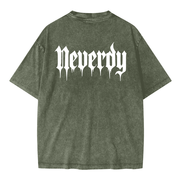 Neverdy Ribs Oversized Snow Wash T-Shirt – Vintage Distressed Skeleton Graphic Tee, Heavyweight Streetwear