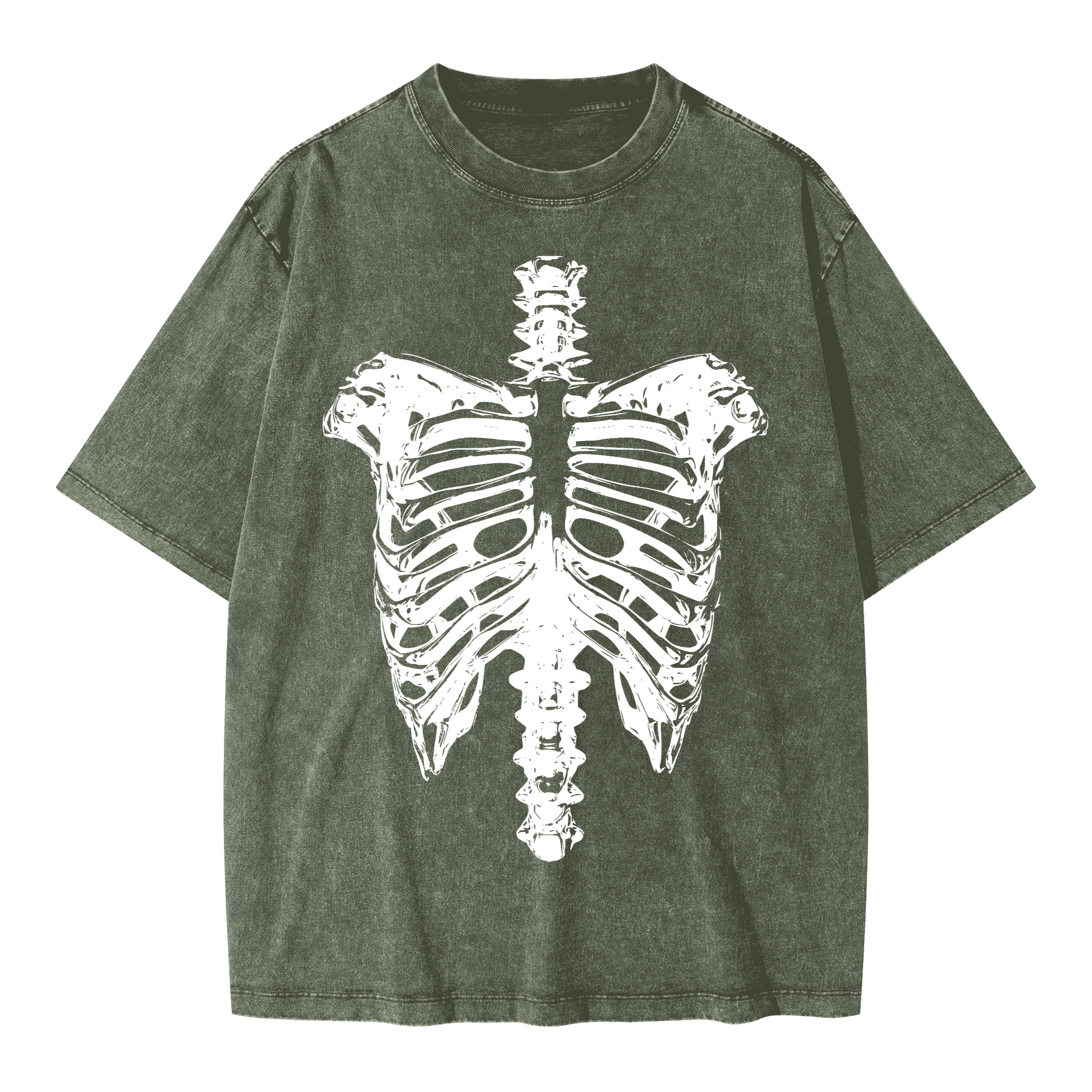 Neverdy Ribs Oversized Snow Wash T-Shirt – Vintage Distressed Skeleton Graphic Tee, Heavyweight Streetwear
