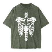 Neverdy Ribs Oversized Snow Wash T-Shirt – Vintage Distressed Skeleton Graphic Tee, Heavyweight Streetwear