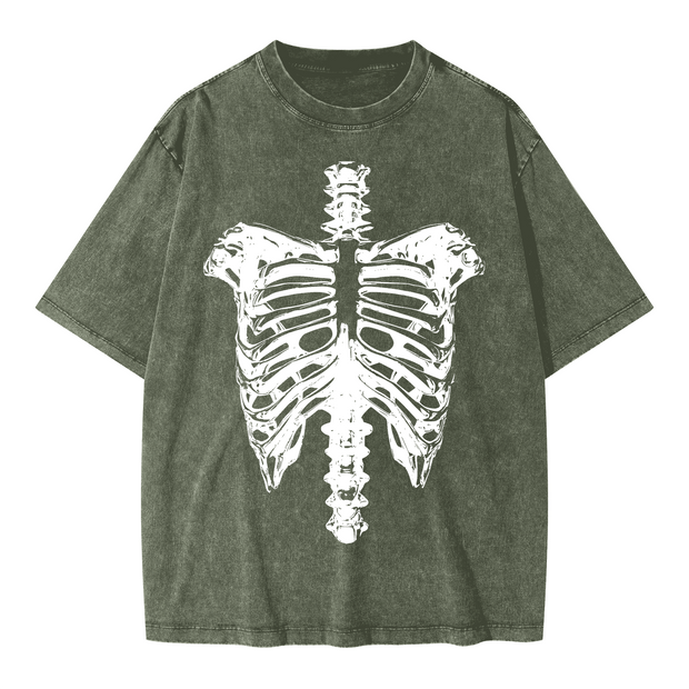 Neverdy Ribs Oversized Snow Wash T-Shirt – Vintage Distressed Skeleton Graphic Tee, Heavyweight Streetwear