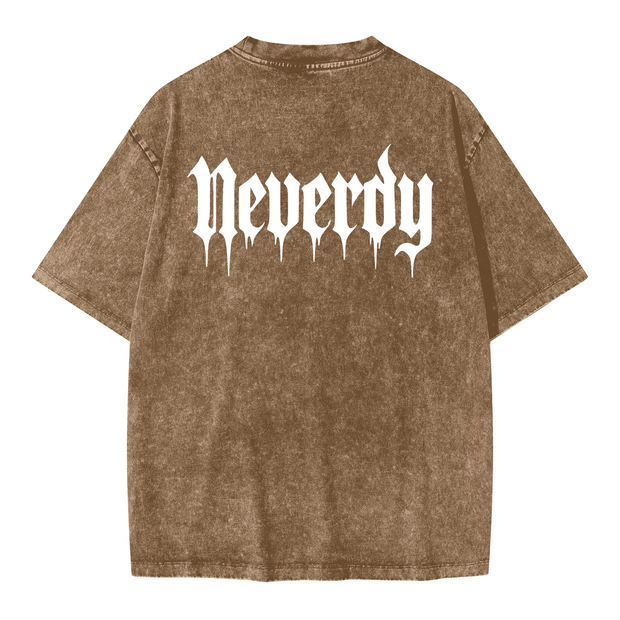 Neverdy Ribs Oversized Snow Wash T-Shirt – Vintage Distressed Skeleton Graphic Tee, Heavyweight Streetwear