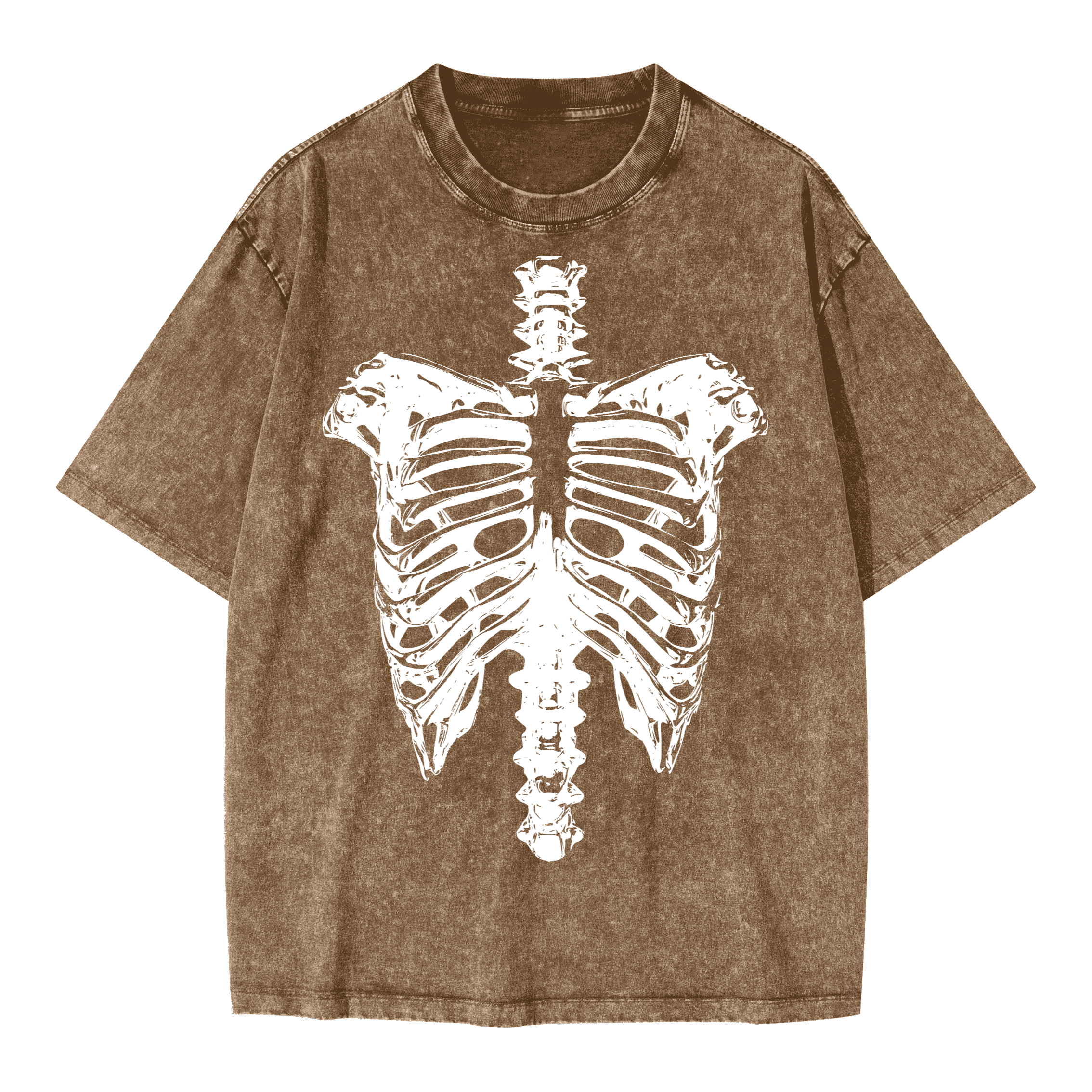 Neverdy Ribs Oversized Snow Wash T-Shirt – Vintage Distressed Skeleton Graphic Tee, Heavyweight Streetwear