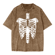 Neverdy Ribs Oversized Snow Wash T-Shirt – Vintage Distressed Skeleton Graphic Tee, Heavyweight Streetwear