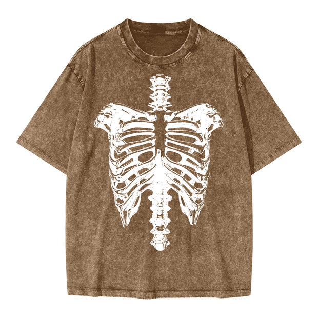 Neverdy Ribs Oversized Snow Wash T-Shirt – Vintage Distressed Skeleton Graphic Tee, Heavyweight Streetwear