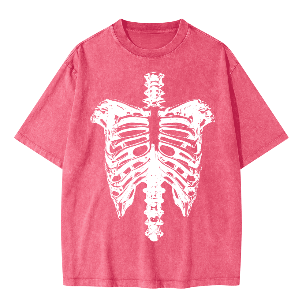 Neverdy Ribs Oversized Snow Wash T-Shirt – Vintage Distressed Skeleton Graphic Tee, Heavyweight Streetwear