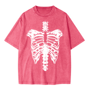 Neverdy Ribs Oversized Snow Wash T-Shirt – Vintage Distressed Skeleton Graphic Tee, Heavyweight Streetwear