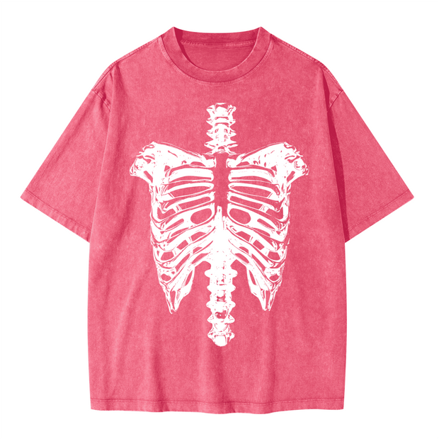Neverdy Ribs Oversized Snow Wash T-Shirt – Vintage Distressed Skeleton Graphic Tee, Heavyweight Streetwear