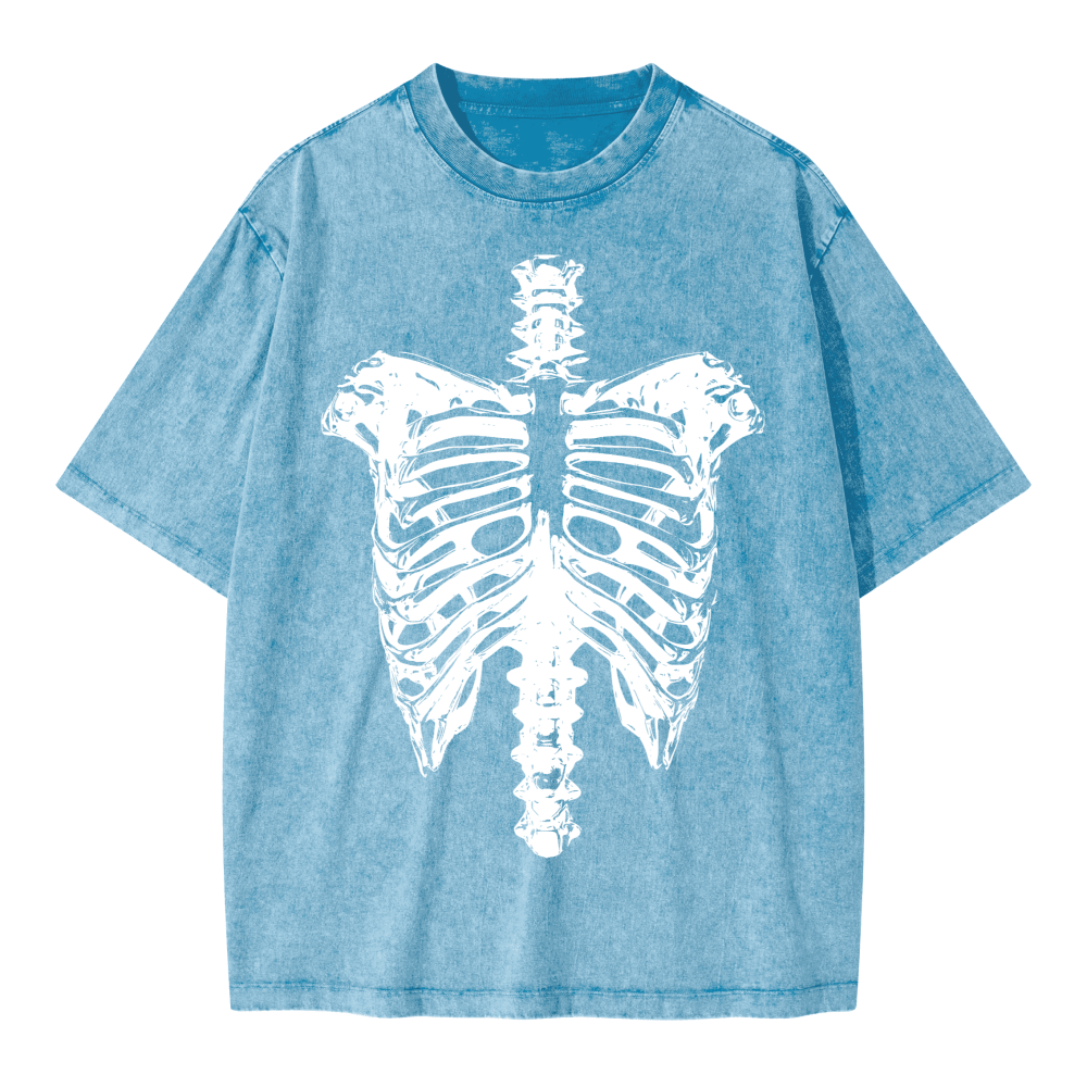 Neverdy Ribs Oversized Snow Wash T-Shirt – Vintage Distressed Skeleton Graphic Tee, Heavyweight Streetwear
