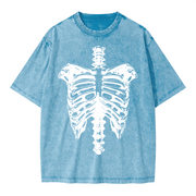 Neverdy Ribs Oversized Snow Wash T-Shirt – Vintage Distressed Skeleton Graphic Tee, Heavyweight Streetwear