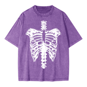 Neverdy Ribs Oversized Snow Wash T-Shirt – Vintage Distressed Skeleton Graphic Tee, Heavyweight Streetwear