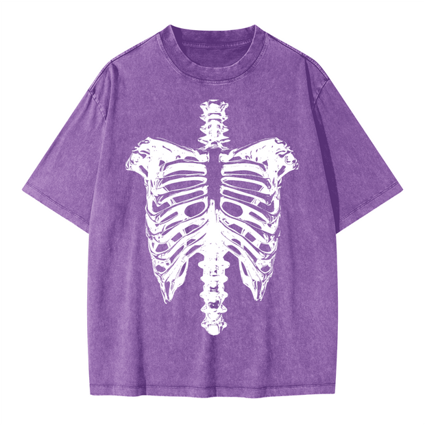 Neverdy Ribs Oversized Snow Wash T-Shirt – Vintage Distressed Skeleton Graphic Tee, Heavyweight Streetwear