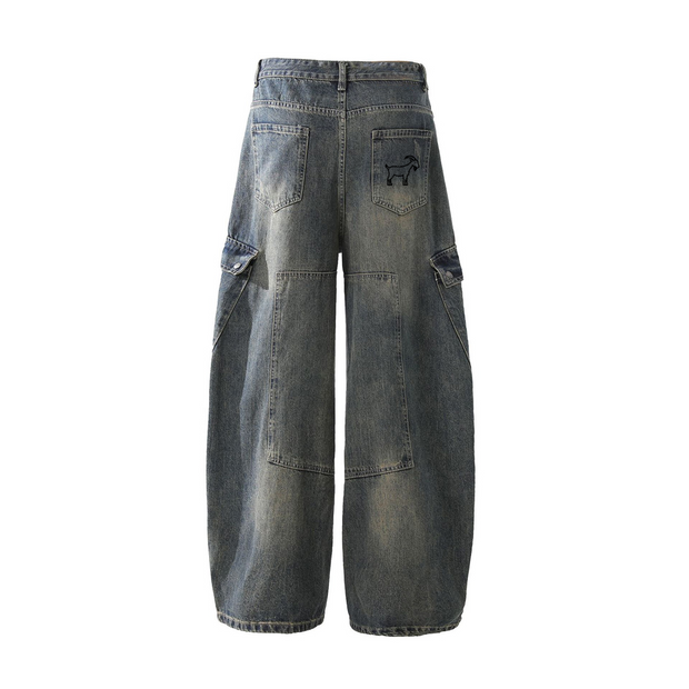GOATED Heavyweight Multi-Pocket Washed Vintage Loose Jean – Men’s Streetwear Baggy Denim, Washed Retro Utility Jeans