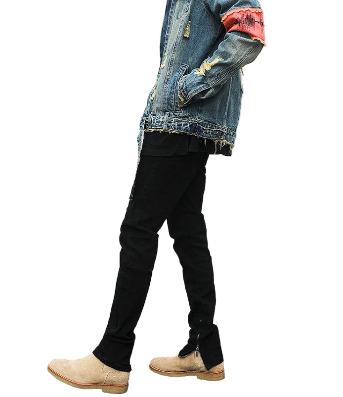 Stealth Stretch Denim Ankle Zip Jeans - Ankle Zip Black Denim Jeans, Stretch Fit Streetwear Pants, Mid-Low Waist, Streetwear Fashion Jeans