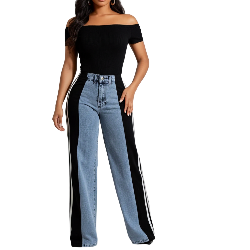Palazzo Loose Fit Wide Leg Jeans – Retro Streetwear High Waist Stripe Contrast Wide-leg Denim Jeans for Women