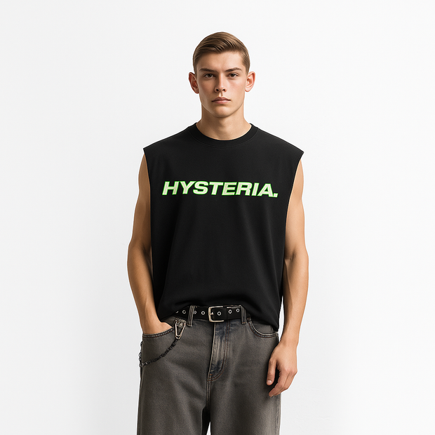Person wearing a black sleeveless shirt with 'HYSTERIA' text on a white background