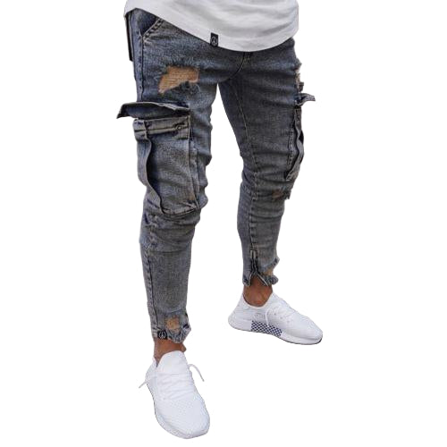 Combat Cut Cargo Slim-fit Jeans – Distressed Tapered Fit, Dyed Washed Denim, Streetwear Pants for Men