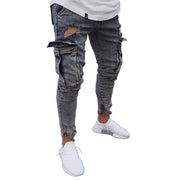 Combat Cut Cargo Slim-fit Jeans – Distressed Tapered Fit, Dyed Washed Denim, Streetwear Pants for Men