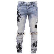Men's "Stars" Slim-fit Stretch Jeans - Stars Embroidered Slim-fit Jeans, Stretch Denim Jeans, Mid Waist Streetwear Jeans, Slim-fit Jeans