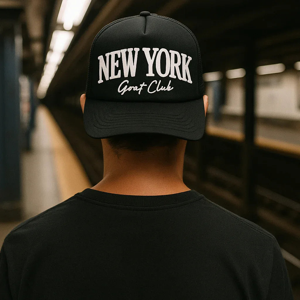 GOAT Club New York Trucker Hat, NYC Snapback Mesh Cap, Urban Streetwear Baseball Hat, Limited Edition NY Hat - Legendary Branding
