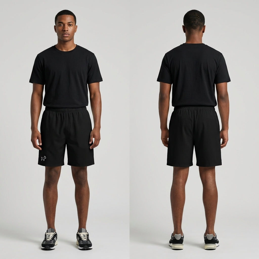 Short de sport (noir) – Short de course extensible recyclé, protection solaire UPF 50+, poches en filet anti-humidité | Legendary Branding® 