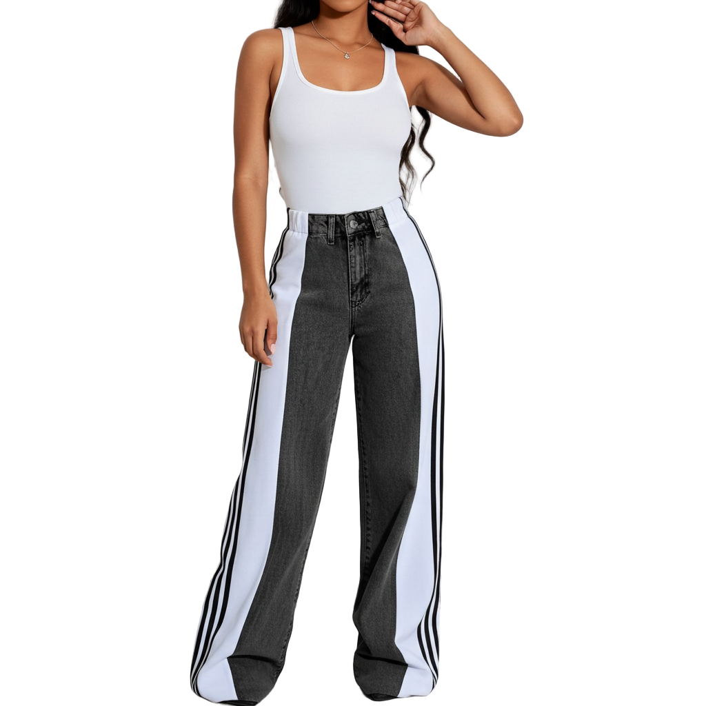 Palazzo Loose Fit Wide Leg Jeans – Retro Streetwear High Waist Stripe Contrast Wide-leg Denim Jeans for Women