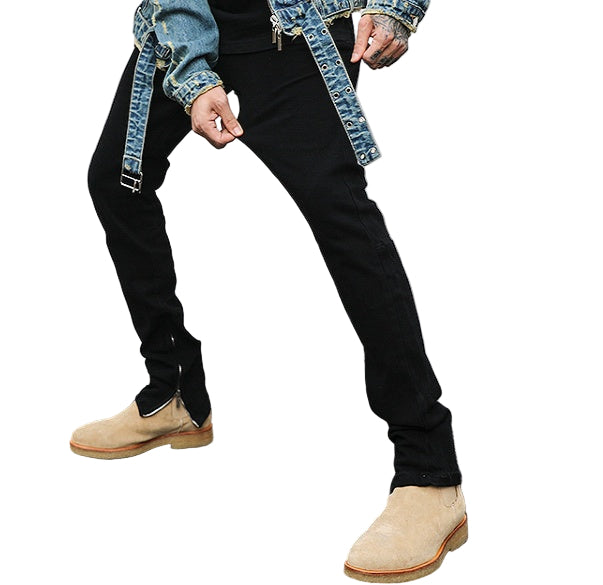 Stealth Stretch Denim Ankle Zip Jeans - Ankle Zip Black Denim Jeans, Stretch Fit Streetwear Pants, Mid-Low Waist, Streetwear Fashion Jeans