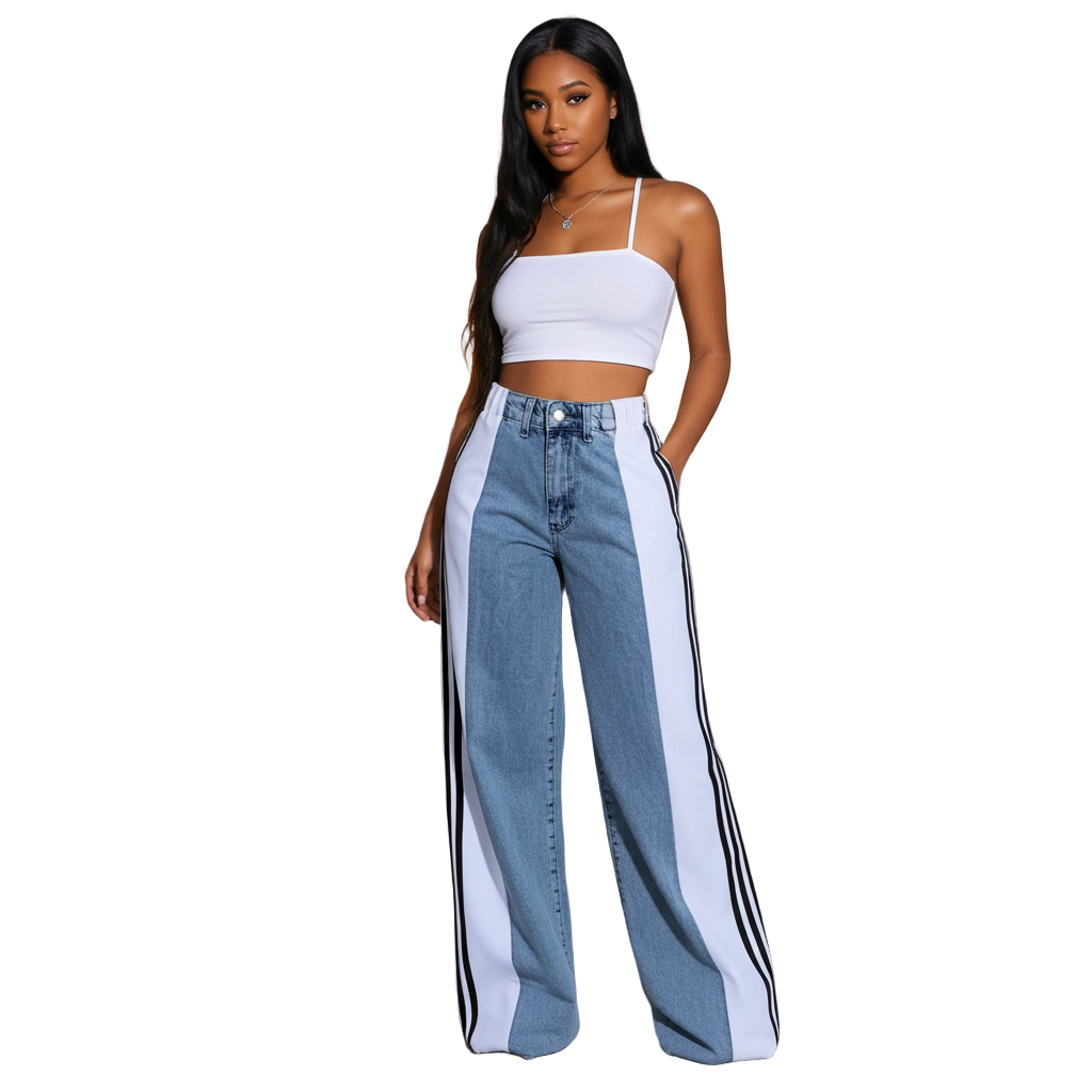Palazzo Loose Fit Wide Leg Jeans – Retro Streetwear High Waist Stripe Contrast Wide-leg Denim Jeans for Women