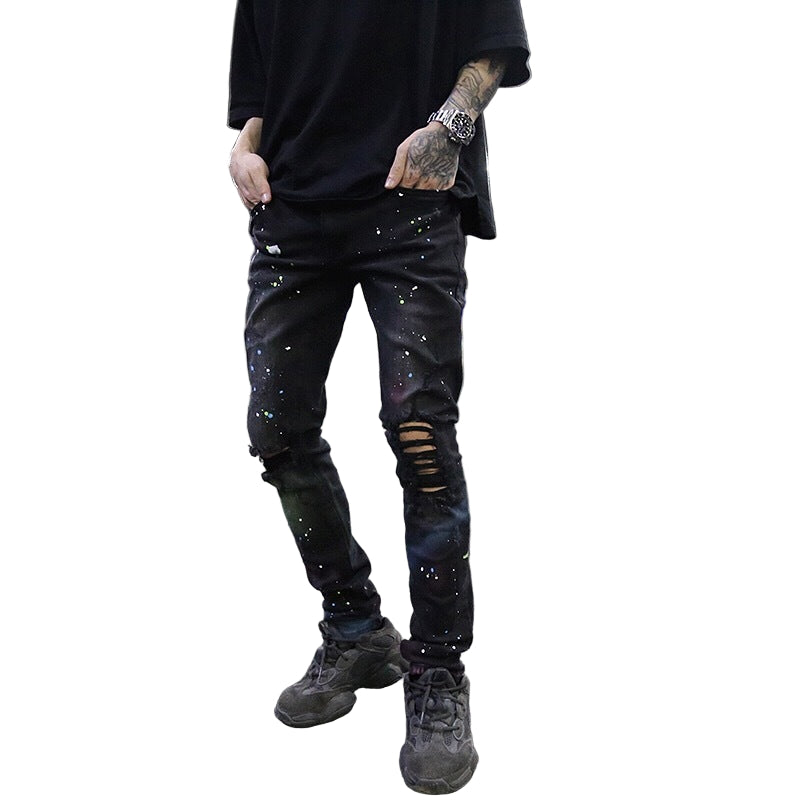Galaxy Graffiti Ripped Skinny Jeans –  Streetwear Art Denim, Stretch Fit Distressed Pants, Graffiti Print Jeans for Men